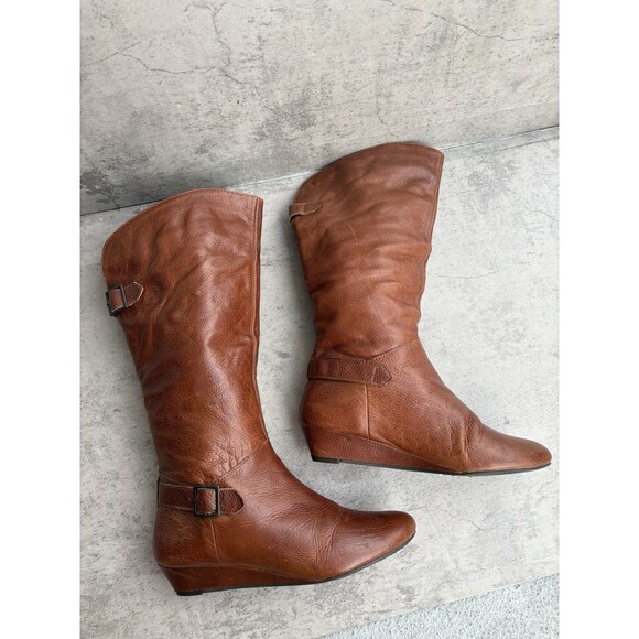 Cathy Jean Women’s 7 Brown Tan Leather Boots W/Buckle Riding 90s Y2K Below Knee - Picture 1 of 6